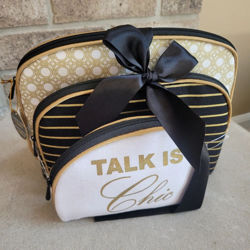 *NWT* 3pc Make-up bag set. Talk is Chic- Black, White & Gold